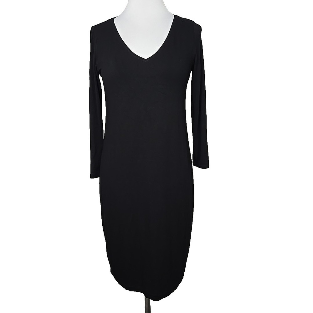 Eileen Fisher Black Viscose Jersey 3/4 Sleeve V-neck T-shirt Dress Size XS